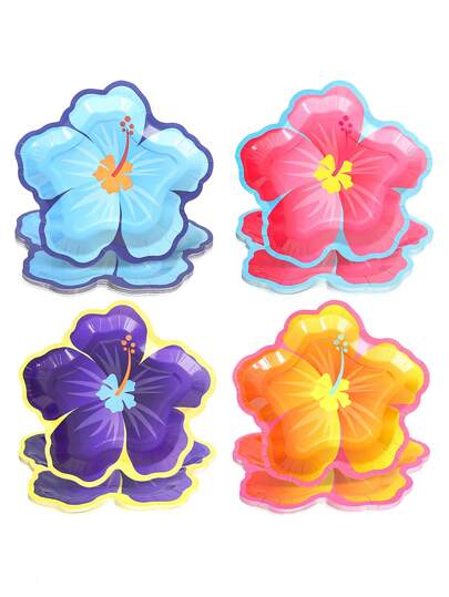 芙蓉花图案纸盘，色彩缤纷的夏威夷花形一次性餐盘，是夏季派对、春季排队、宴会和其他活动的便捷餐具。它们也适用于酒店餐具、家庭餐具、餐厅餐具和日常生活场景。