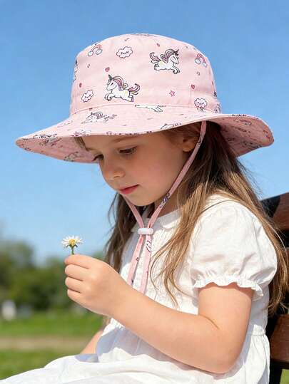 Rosa solhatt med enhörningsmönster för barn, hinkhatt, UV-skyddande strandhatt, lämplig för flickor i åldern 0-8