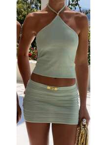 Women's 2 Piece Outfit Mini Knit Skirt Set Sexy Striped Sleeveless Backless Slim Fit Halter Crop Top Mini Skirt Sets Summer Beach Matching Going Out Clothes - 綠色 - 查看 3