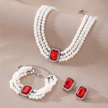 Lavish Square Cubic Zirconia Pearl Earrings Necklace Bracelet Set For Women Wedding Jewelry - Red - View 3