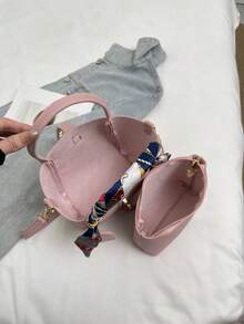 2pcs Spring New Fashion Litchi Grain PU 2-Piece Bag Set, Includes Handbag And Shoulder Bag, Minimalist Chic Commuter Style, Silk Scarf Bow Decor, Suitable For Women, Girls, Office Essential, Rivet Lace-Up Small Pendant Decor - Pink - View 10