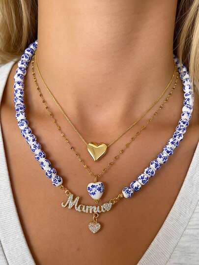 1 pieza Collar de mujer elegante y exquisito con cuentas, estilo chino, con letra "Mamá" de cobre con cerámica impresa y adornado con circonita, perfecto para regalar, banquetes, fiestas, reuniones y uso diario. Joyería de mujer elegante, joyería con forma de corazón, joyería de cerámica. Regalo del Día de la Madre para mamá