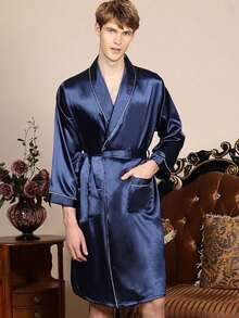 1 chiếc áo choàng tắm nam bằng satin nhẹ, áo choàng kimono lụa cao cấp dành cho nam, áo choàng tắm thắt eo bằng lụa băng giá có ve áo. - Nhiều màu - Xem 9