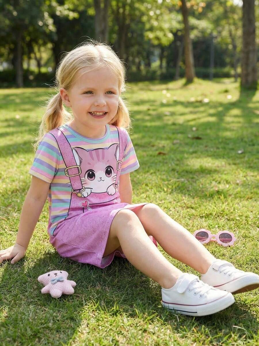 女童可爱卡通印花条纹无袖T恤裙，休闲短袖度假连衣裙，青少年服装 - 粉色 - 查看 1