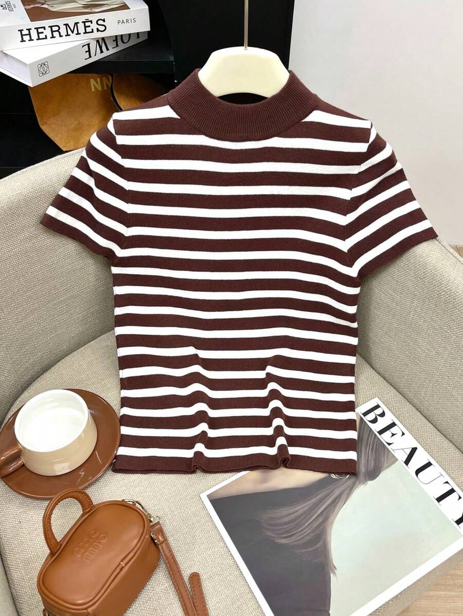 Top tricoté à manches courtes rayé pour femmes, contraste de couleurs, idéal pour les vacances, le bureau, le printemps/été - Tabac - Voir 1
