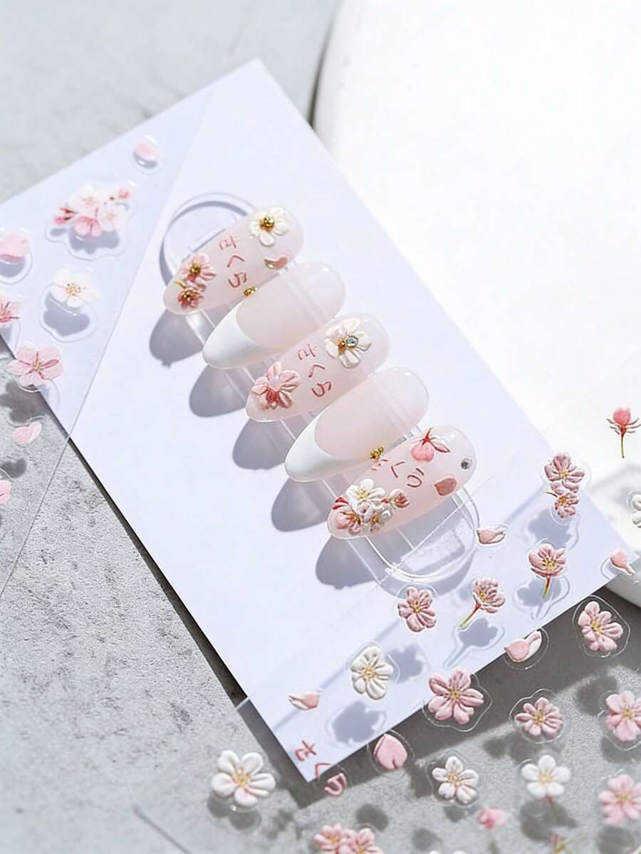 2pcs 3D Floral Nail Art Stickers, Pink Sakura Petals, Versatile Waterproof Adhesive Nail Decals - Pink - View 1