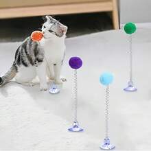 2件套（弹簧逗猫棒带吸盘底座） - 互动猫玩具，包含毛绒球、金属弹簧棒和吸盘底座。耐用设计，激发猫咪的狩猎本能和玩耍乐趣。活力十足的室内猫玩具 | 逼真的狩猎玩具 - 查看 6