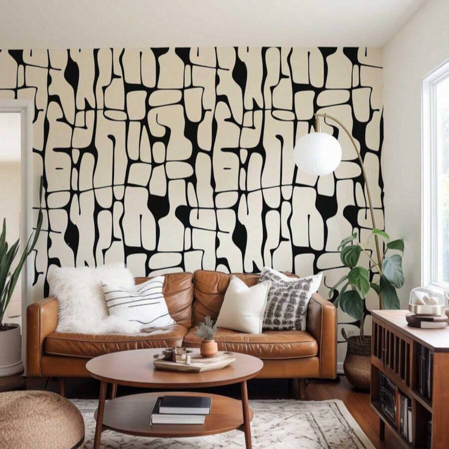 黑白抽象线条壁纸，现代简约墙面装饰，可移除易贴，适合租房者使用。 - 1PC - 查看 1