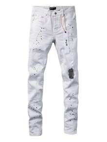 Men's Jeans With Splattered Ink, Ripped Holes, Slim Fit And Stacked Feeling, Suitable For Fashionable Pencil Shorts For Men And Women - White - View 2