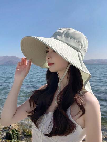 Women's Outdoor Sun Hat With Ponytail Hole For Summer Uv Protection, Korean Fashion Wide Brim Shawl Bucket Hat