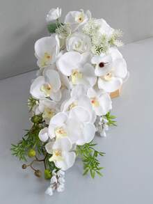 Boho Wedding Waterfall Bouquet Artificial Silk Flowers, Handmade Faux Rose & Butterfly Orchid Bridal Cascade Bouquet For Wedding Photoshoot Party Decor,Festival,Elegant - Multicolor - View 11