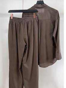 Linen Shirt And Pants Set (2 Pieces), Lined With Elastic. - 深咖色 - 查看 4