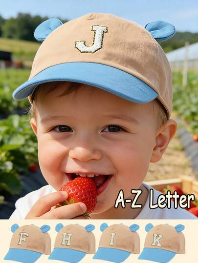 1pc 26 Letters Toddler's Beige & Blue Cute Bear Ear Adjustable Baseball Cap For 6M-3Y Boys Sun Hat Outdoor, Sports, Travel, Daily Wear