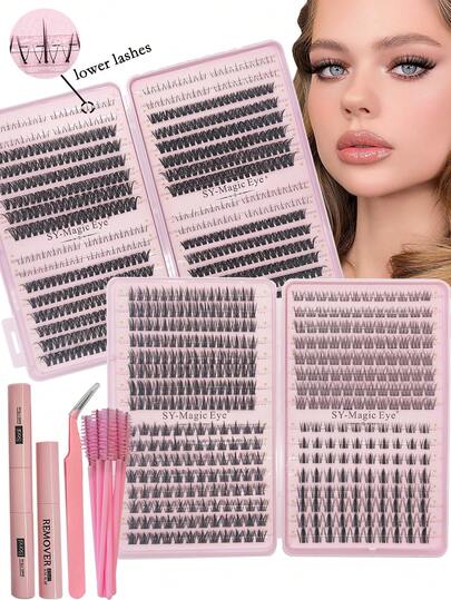2-Box Pack Lash Extension Kit,768 ~ 992 Pcs, DIY Eyelash Extension, D Curl(Spike Lash 50D+60D+Bottom Lashes)8-16mm - Includes Lower Lashes False Eyelashes, Glue, Remover, Tweezers And Brush, Thick Fake Lashes For Professional, Daily, Wedding, Party, Costume Makeup