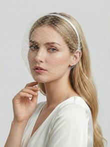 1pc Simple & Affordable Bridal Birdcage Veil, White/Black Grid Face Veil, High Elasticity Narrow Headband, Non-Tight,Summer,Beach,Wedding - Multicolor - View 6