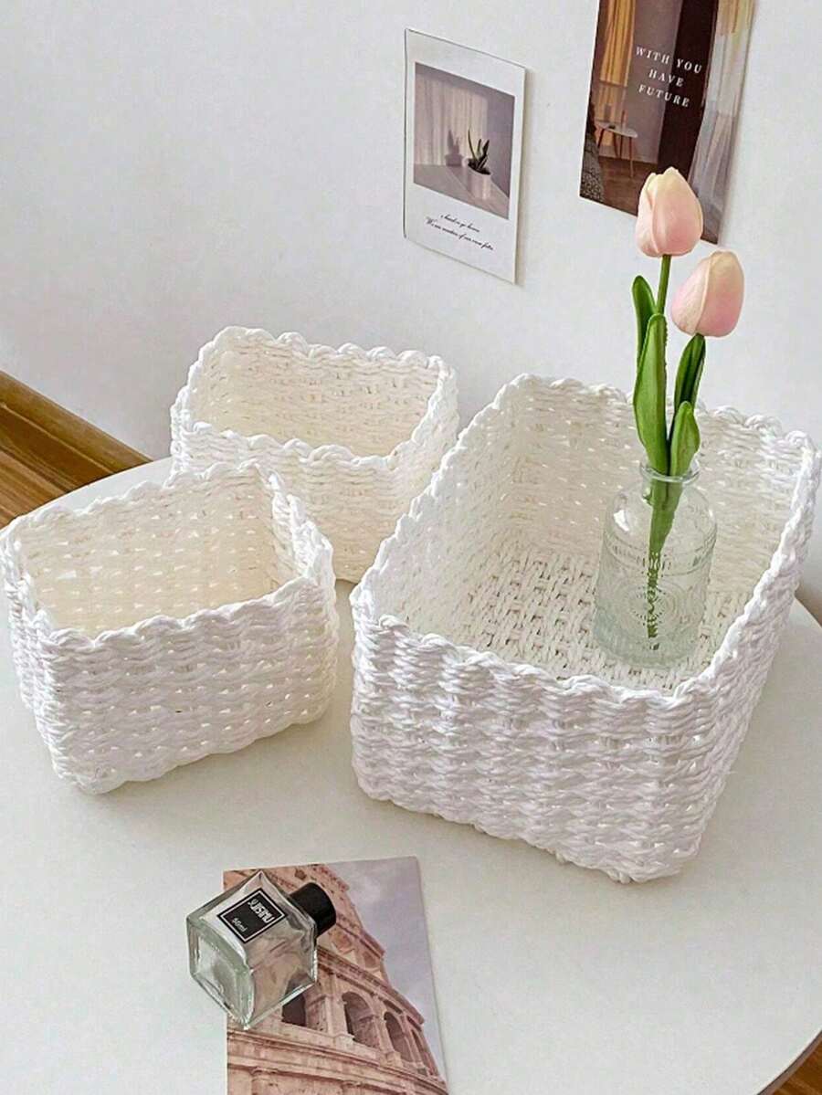 Set de 3 cestas de almacenamiento tejidas a mano (S+M+L), de material de cuerda de papel, para organización y almacenamiento en el hogar, adecuadas para la sala de estar, dormitorio, gabinete, oficina, decoración del hogar, decoración rústica, almacenamiento de regalos, cestas de almacenamiento reutilizables, adecuadas para papelería, armario, juguetes, almacenamiento de cosméticos, cestas organizadoras de escritorio, cesta de regalo ideal - Blanco - Ver 1