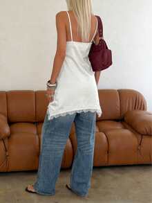 女士无袖不对称下摆蕾丝边吊带背心，适合日常穿着、街头风格，四季皆宜，白色夏季款 - 白色 - 查看 2