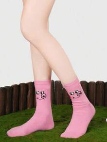 3 Pairs Random Cute Pink Pig Design Unisex Funny Socks, Cartoon Personalized Mid-Calf Socks For Women - Multicolor - View 3