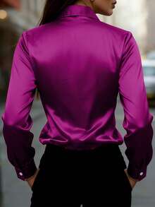 女士缎面衬衫，长袖纽扣衬衫，无弹力常规版型，适合春夏秋季穿着 - 玫紅色 - 查看 3