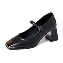 2026 Spring New Thick Heel Square Toe Slip-On Pumps, Suitable For Dresses, Elegant Women Shoes - Black - View 3