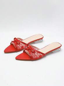 2026 Summer New White Lace Bow Tie Slippers, Pointed Toe Transparent Crystal Low Heel Slip-On Sandals For Women - Red - View 6