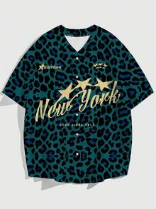 男士字母豹纹短袖单排扣棒球衫 - 彩色 - 查看 1