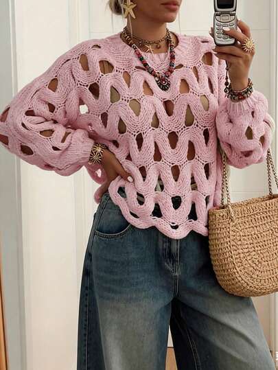 Women's Casual Solid Color Vacation Beach Skull Knitted Long Sleeve Pullover Sweater, Spring/Summer