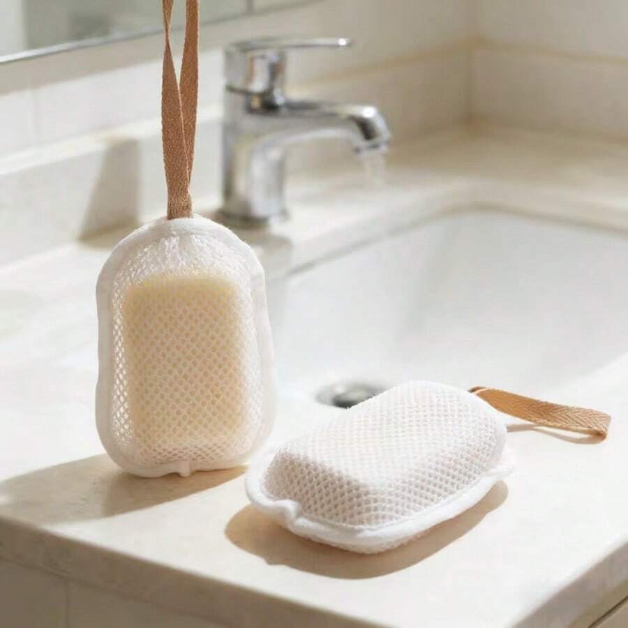 2 túi lưới tạo bọt xà phòng bằng nhựa PE, lưới tạo bọt hai mặt siêu mềm, thích hợp cho du lịch và sử dụng tại nhà.