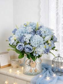 1 Buquê de Hortênsias Artificiais de Seda com Rosas Falsas para Casamento no Outono, Vaso para Decoração de Casa, Sala de Jantar, Quarto, Acessórios para Festas de Aniversário e Jardins Externos. - Baby Azul - Ver 2