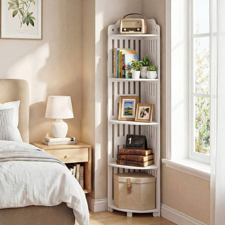5-Tier 43.31 Inch Freestanding PVC Corner Shelf, Waterproof Storage Unit For Bathroom/Kitchen/Living Room – Anti-Wobble & Sturdy - White - View 1