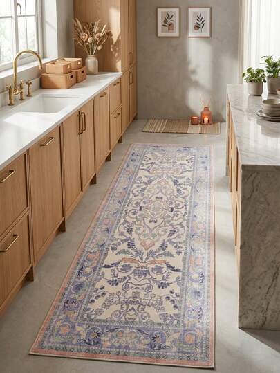 1 件复古波西米亚风花卉图案地毯/地垫/浴室垫/门垫/走廊垫，柔软可水洗，适用于浴室、厨房、玄关、走廊、卧室、客厅等家居装饰