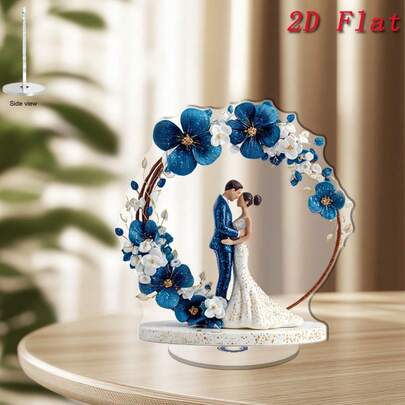 2D Rotating Acrylic Couple Figurine - 2D Rotating Base With Blue & White Floral Arch, Sparkling Center Decor, Suitable For Outdoor Tabletop, Wedding/Anniversary Gift, Kissing Doll-Like Statue