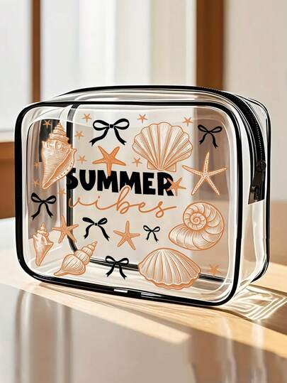 1 Stück "Sommer" Buchstaben Muster wasserdichte PVC Strandtasche mit Muschel- & Seestern-Dekor, PVC Kosmetiktasche, PVC Reise-Organizer Tasche mit Reißverschluss, leicht, ausbleichfest, TSA-zugelassene tragbare Schminktasche, einfach zu reinigen, geeignet für Frauen & Männer, ideal als Geschenk für Mütter, Lehrer, Freunde, Krankenschwestern, Kosmetiktasche, perfekt für Schule, Urlaub, Reisen, Muttertags-Geschenk, unverzichtbare Reise-Kulturtasche, Reise-Kulturtasche, Duschbeutel, wasserdichte Tasche, große Kapazität, Packwürfel, Reiseaccessoires für Frauen, Kreuzfahrt-Essentials, Urlaubsaccessoires, Reiseutensilien