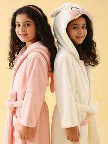 Tween Girls' Soft, Absorbent & Cute 3D Rabbit Design Bathrobe, Suitable For Spring, Autumn & Winter - Pink - View 4