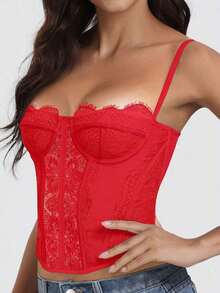 1pc Lace Bralette Cute Bustier Top, Sexy Women's Clubwear Party Crop Top With Clasp - Red - View 3