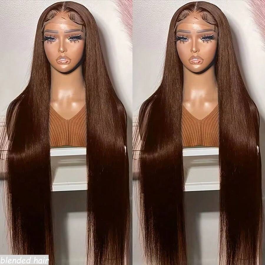 16 Inch 180% Density Glueless Wear And Go Wigs Human Blended Hair For Women 13x4 Lace Front Wigs Human Blended Hair 180 Density Bone Straight Brazilian Human Blended Hair HD Lace Front Wigs Pre Plucked With Baby Hair Edges Straight Lace Frontal Wigs Human Blended Hair Brown - Brown - View 1