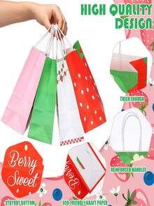 6/12pcs/Strawberry Party Gift Bags Summer Strawberry Gift Bags Cute Strawberry Candy Bags With Handles Strawberry-Themed First Birthday Party Supplies BabyChristening & Wedding Decorations - Multicolor - View 3