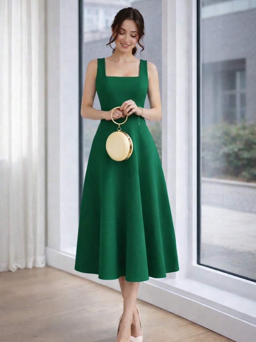 Women's Midi Dress With Square Neckline And Defined Waist - 綠色 - 查看 1