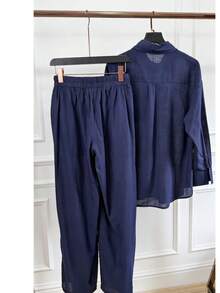 Linen Shirt And Pants Set (2 Pieces), Lined With Elastic. - Azul Marino - Ver 2