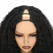 非洲V字分缝蓬松卷发假发，无需胶水，卷曲发尾，合成材质，无需发夹，夹式佩戴 - 黑色 - 查看 6