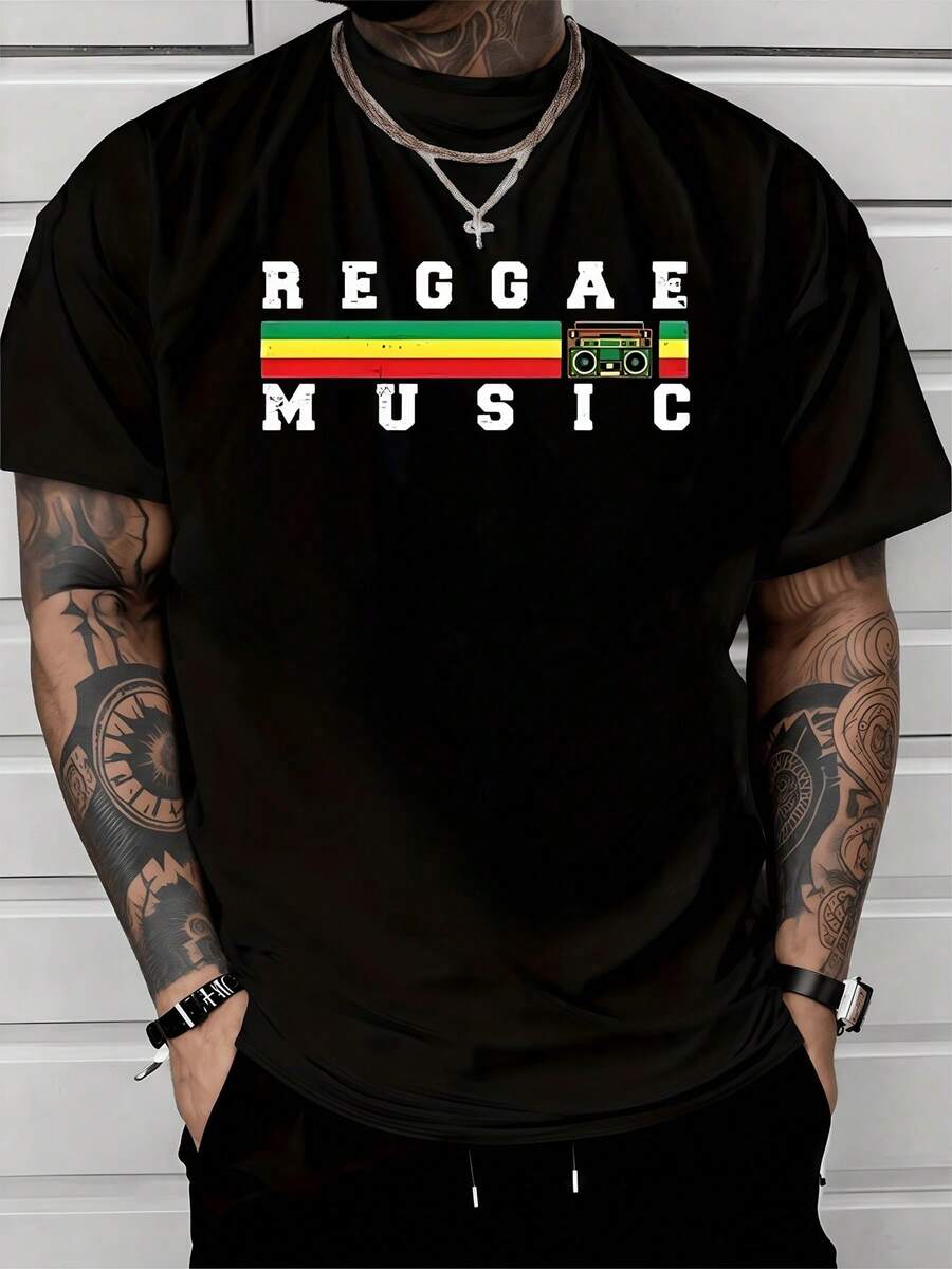 Bandas de colores rojo amarillo y verde con la palabra reggae music y un radio simbolizan la energía positiva y el ritmo que conecta espíritu libertad y pasión por la música camiseta de hombre moderna cómoda para uso diario - Negro - Ver 1