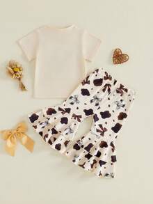 Conjunto de verano de 2 piezas para niña pequeña estilo vaquera: camiseta de manga corta con lazo y letras bordadas y pantalones acampanados con estampado de manchas de vaca. - Albaricoque - Ver 2