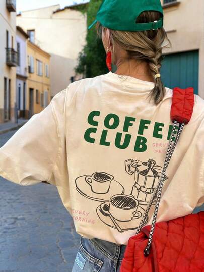 Summer New Simple Fashion Hand-Painted Moka Pot Coffee Utensil Letter Print Casual Round Neck Short Sleeve T-Shirt, Fashionable & Versatile Women Top