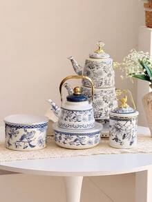 SummitPulse 1 Set, Chinesischer Stil Blau-Weiß Porzellan Kochgeschirr Set, geeignet für Gasherd, Induktionskochfeld, beinhaltet Teekanne, Kaffeekanne, Milchtopf, multifunktionale dickversiegelte Vorratsbehälter, Salatschüssel, Obstschale, Gewürzglas, Kaffeedose, Teedose, Mehrzweck-Vorratsbehälter für alle Jahreszeiten, hitzebeständige Suppenschüssel, Instantnudel-Schüssel, Reisschüssel, Outdoor-Picknick-Campinggeschirr - Übersicht 6