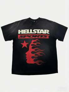 Hellstars Sports Red Silhouette Vintage Graphic T-Shirt,220g 100% Cotton,Round Neck Short Sleeve,Black Streetwear Essential For Summer Going Out,Unisex Style - 黑色 - 查看 1