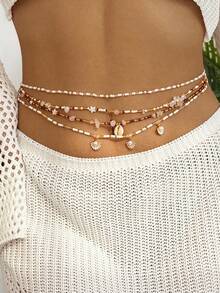 4 piezas Cadena de joyería corporal de múltiples capas con cuentas, estilo de campo y playa de campo para la cintura de las mujeres - 4 conchas marinas - Ver 6