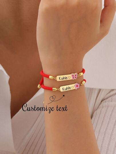 1 pieza Pulsera ajustable de cuerda roja con placa curva personalizada de acero inoxidable con diseño de mariposa rosa, flor y árbol de la vida para mujer, color dorado, ideal para ceremonia de graduación, se puede grabar la fecha, adecuado para aniversario, minimalista, único, regalo ideal para amigos, aniversario, regalo de graduación
