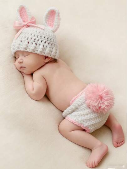 Newborn Baby Bunny Rabbit Crochet Knitted Photography Props Newborn Baby Outfits Diaper Costume
