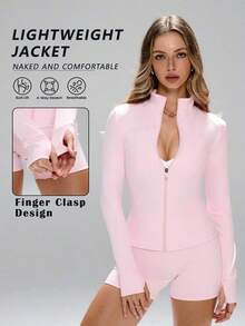 This Sporty Features A Minimalist And Fashionable Style, Combining Collegiate And Athletic Elements. With Long Sleeves And Thumb Holes, Comfortable Stretchy Fabric Is Suitable Dance/Pilates Workouts. Front Zip-Up Design With A Low Collar Allows You To Easily Transition From Street To Gym. With Shaping Seams, A, Full Coverage, Long Sleeves With Thumb Holes, Effective Cinched Waist, Bust Lifting Pleats, And 360-Degree Stretch, This Also Has An Anti-Slip Zipper Guard. Women's Fitted Zip-Up Pink - 粉紅色 2 - 查看 5