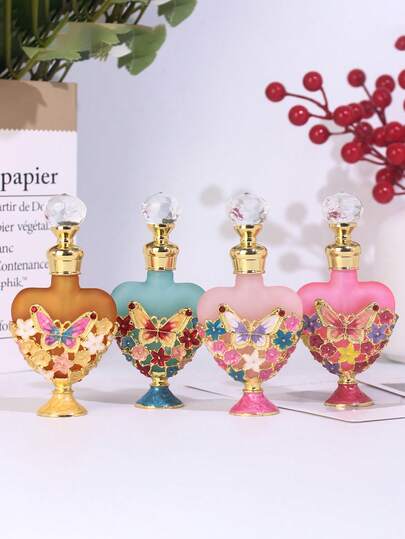 زجاجة قلب مزخرفة بالزهور والفراشات من الزجاج المطفأ بسعة 10 مل، قابلة لإعادة التعبئة بقطارة، زجاجة عطر محمولة للسفر، عنصر العناية الشخصية الفاخر، هدية راقية (العطر غير مشمول، تباع كزجاجة فارغة فقط)